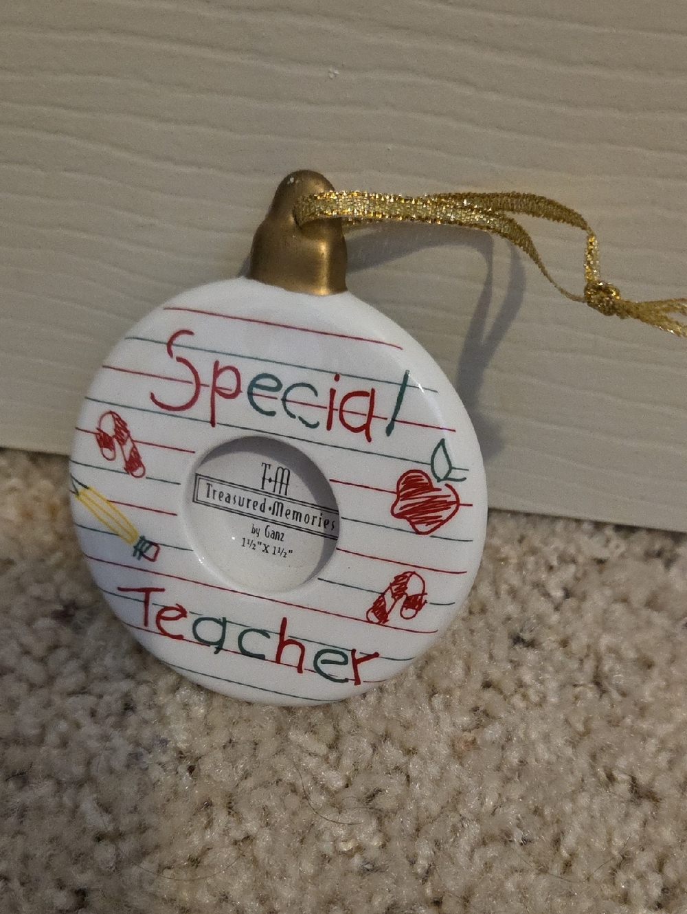 Special Teacher Ceramic Ornament - White with Red & Green Accents
